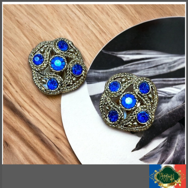 老件 復古 繩結編織造型藍鑽 金色夾式耳環