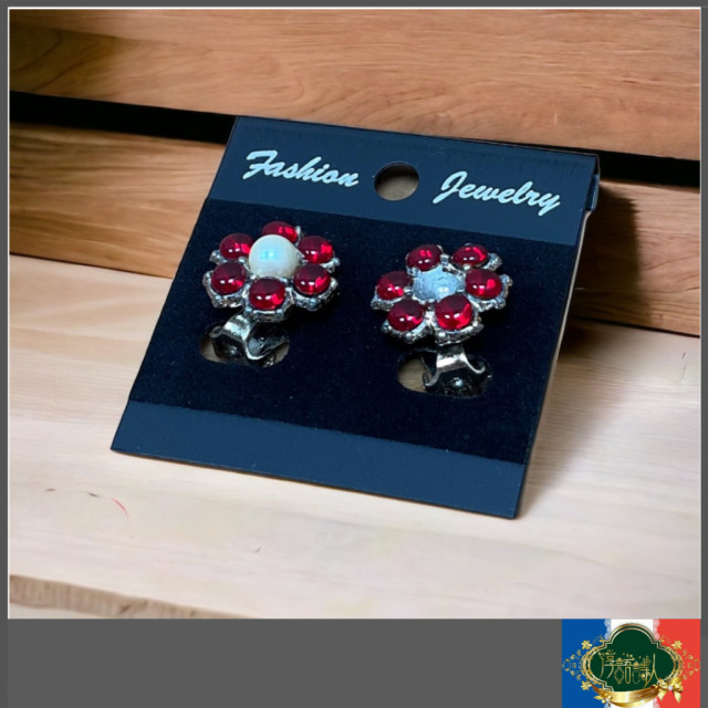 老件 復古 珍珠小紅花夾式耳環（小瑕疵）