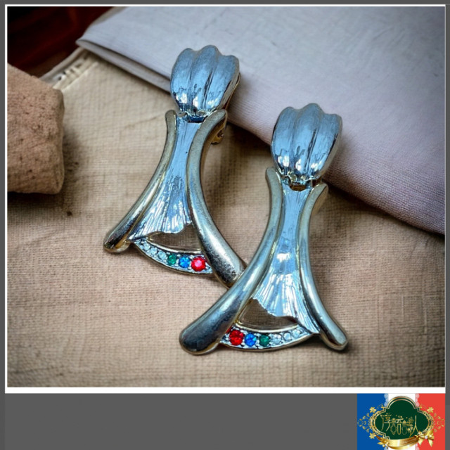 老件 復古 造型金屬歐美垂墜最彩鑽夾式耳環