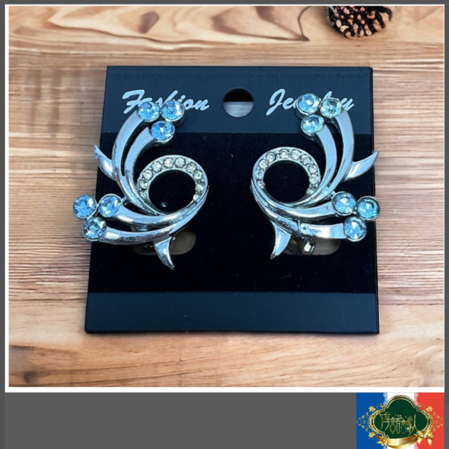 老件 復古 藍鑽花卉造型夾式耳環