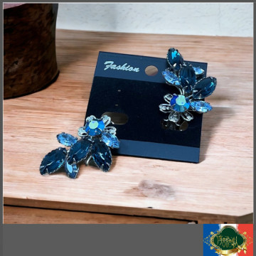 老件 復古 藍鑽花卉造型夾式耳環