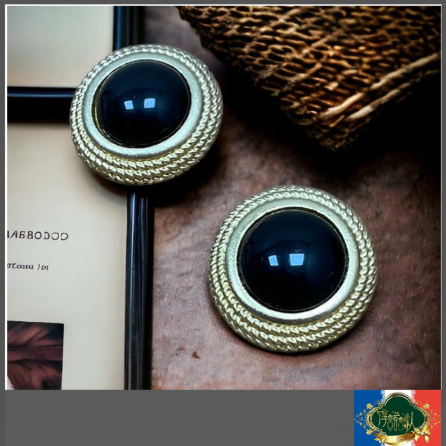 老件 復古 曜石黑復古編織金邊大圓夾式耳環