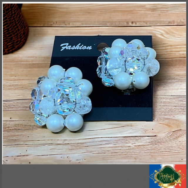 老件 晶瑩偏光串珠仿珠耳 霓光耳夾 復古可愛