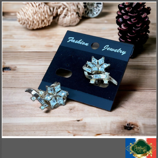 老件 花型帶鑽夾式耳環