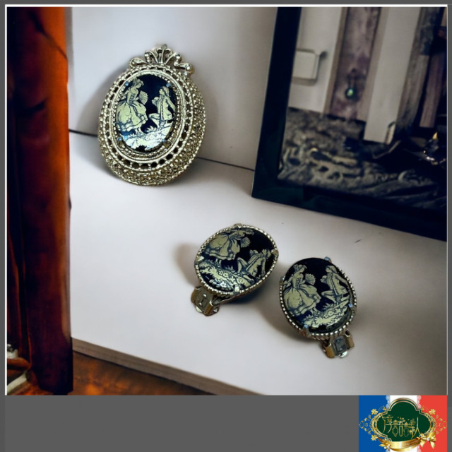 老件 Florenza 談情說愛黑玉石 耳夾＆項鍊墜子