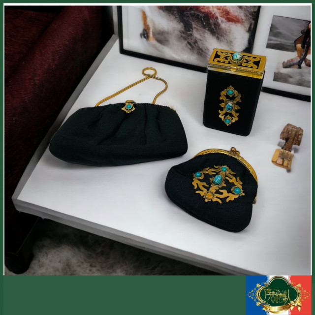 英國古董包 仕女深藍色古典手提包配件３件組