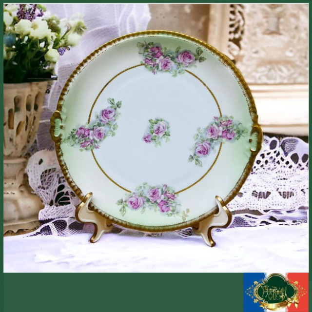 法國Limoges 1891年 手繪立體上金 玫瑰花圖騰薄荷綠雙耳蛋糕盤
