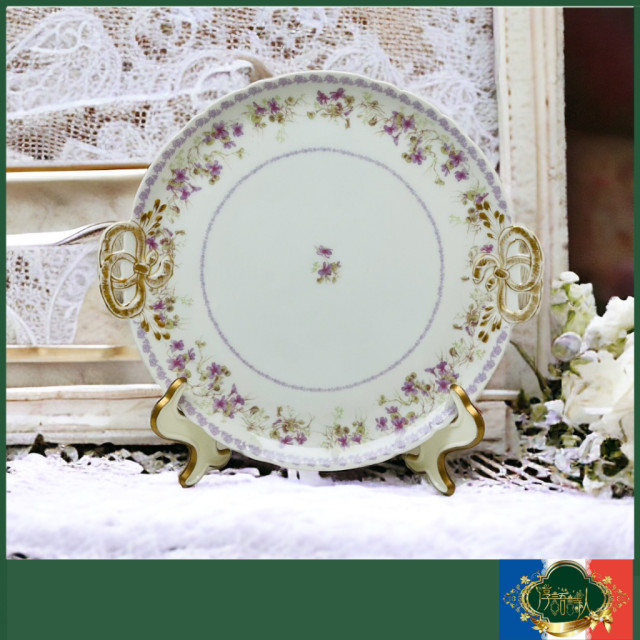 法國Limoges GDA 1900年 紫花花環手描金雙耳簍空蝴蝶結蛋糕盤