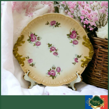 法國 Limoges 玫瑰花圖騰粉橘雙耳浮雕手繪重金蛋糕盤