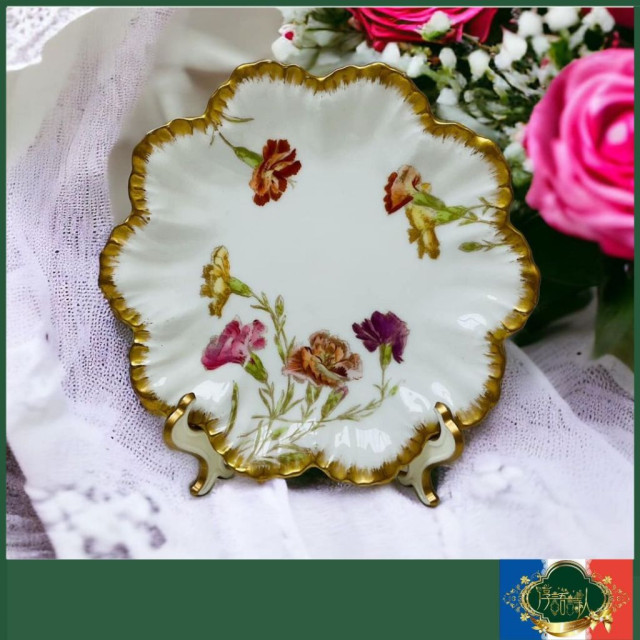 法國Limoges 重金半手繪花圖騰花邊麵包沙拉盤 