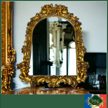 義大利 vintage老件-金色立體雕刻小天使古董掛鏡