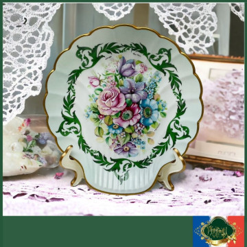 法國Limoges 稀有湖水綠 半手繪玫瑰圖騰貝殼特殊盤