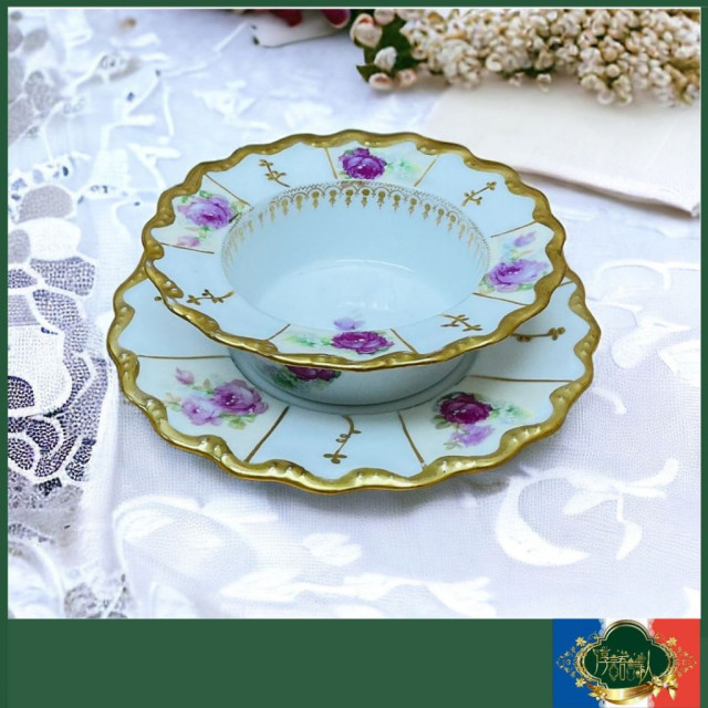 法國 Limoges 1900年 手繪玫瑰圖騰手描金夢幻優雅白波浪花邊甜品碗