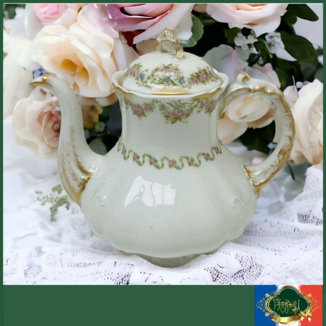 法國Limoges  1900年 百年骨瓷 粉玫瑰花環典雅白手上金咖啡壺