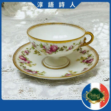 法國 Limoges T&V 1892年 高腳 玫瑰花圖騰 重金咖啡杯盤組