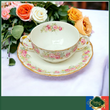 法國Limoges1900年 古董玫瑰花圖騰雙耳咖啡杯/湯杯 (有微脫金）