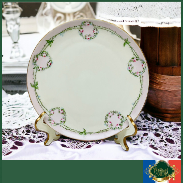 法國limoges 哈維蘭1894年 全手繪夢幻粉紅色玫瑰圖騰蛋糕盤