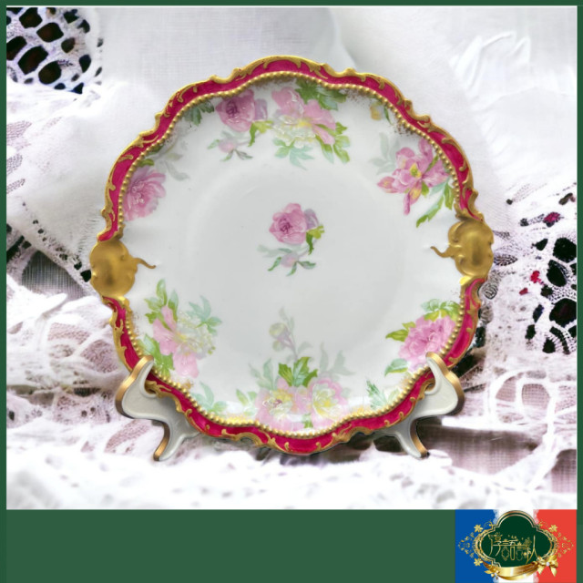 法國Limoges 1906年 稀有宮廷風手繪紅邊描金立體點珠百年古董蛋糕盤