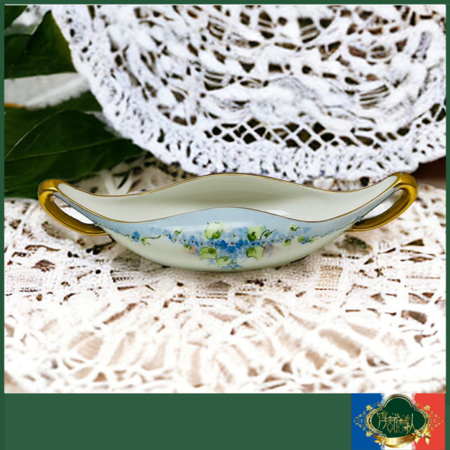 法國Limoges 百年老件 湖水藍全手繪藍色小花手描金雙耳簍空造型重金盤