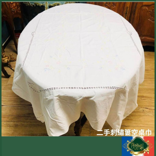 老件 古董桌布  手工 純白 繡花 簍空 長方形 桌巾
