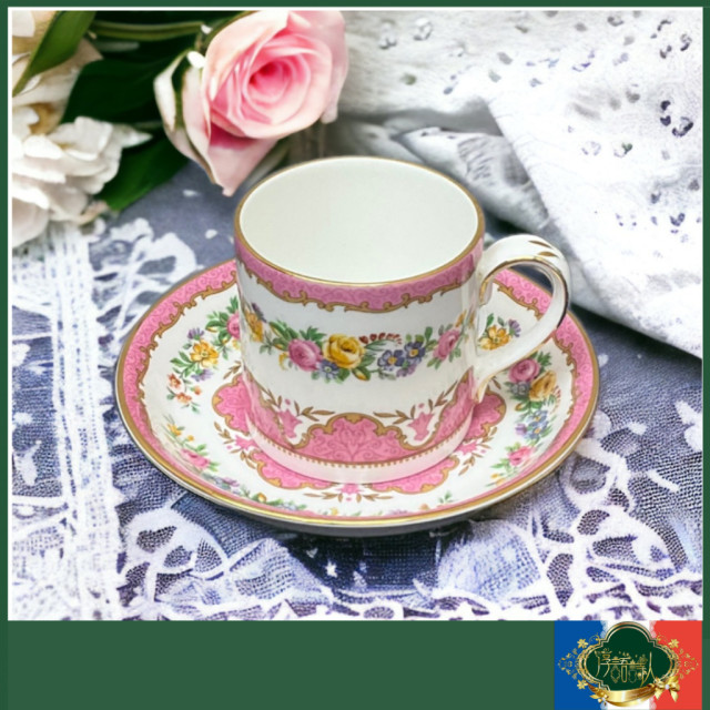 英國 Royal Staffordshire-金邊玫瑰花圖騰粉色圍邊咖啡杯盤組