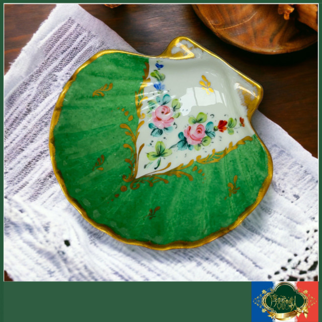 法國Limoges 1891年製 古董綠色全手繪貝殼造型盤/飾品盤