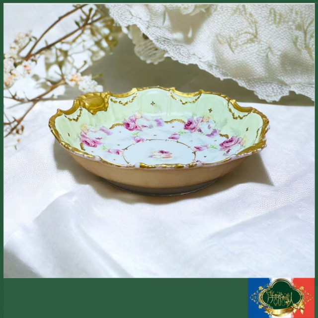 法國Limoges 1900年 全手繪玫瑰圖騰手描金夢幻湖水綠波浪花邊水果沙拉碗