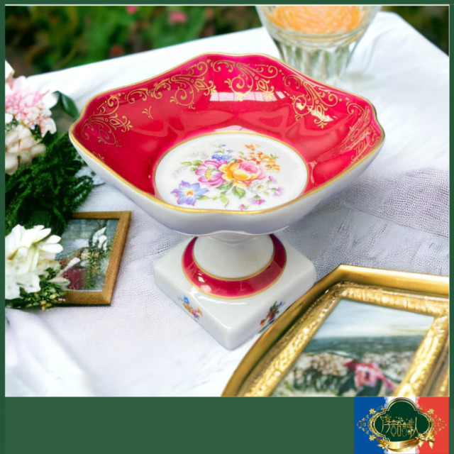 法國 Limoges 紫紅色花卉圖騰宮廷風手繪描金高腳方形水果盅