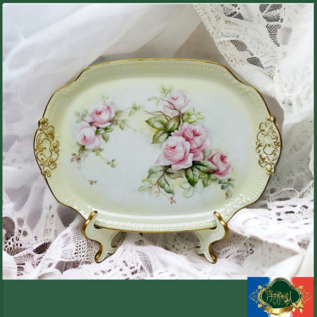 法國 Limoges 1892年 全手繪玫瑰花立體浮雕雙耳長盤