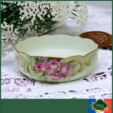 法國Limoges  全手繪玫瑰花 手描金波浪沙拉碗