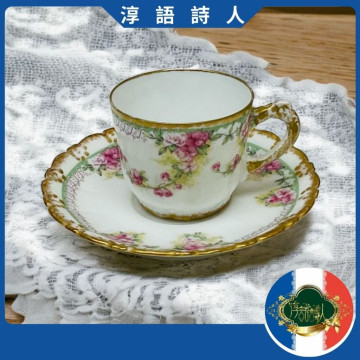 法國 Limoges AKCD 1900年 玫瑰花手描金濃縮咖啡杯盤