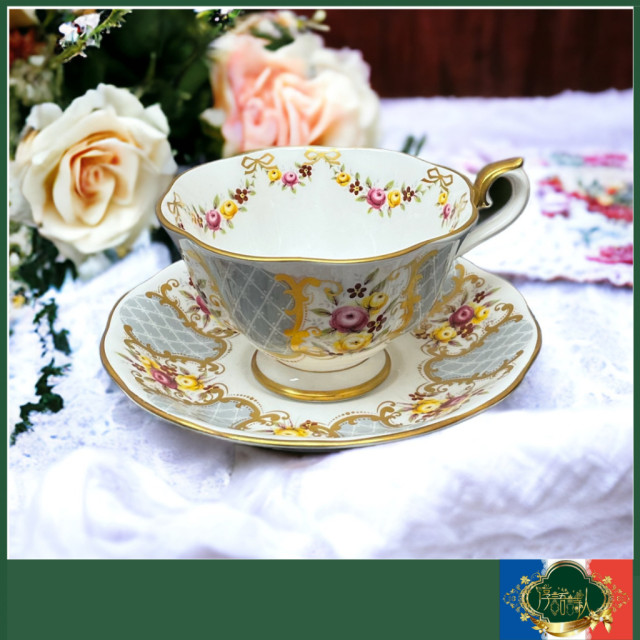 英國Royal Albert-稀有款「瑪麗露易絲」1960年製-22K灰色花邊花茶杯盤組