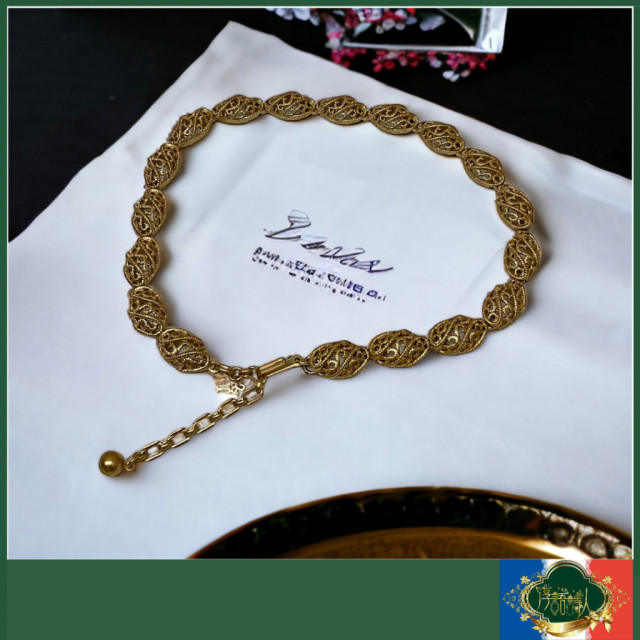 老件 Trifari 1960年 金色長橢圓編織簍空項鍊 古董首飾