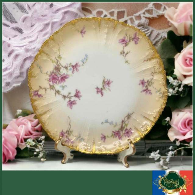 法國Limoges GDA 百年作品 轉印圖騰 手刷金 浪漫嫩橘古董盤 