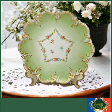 法國Limoges  A.K.D 全手繪手上金玫瑰花環優雅綠花邊點心盤