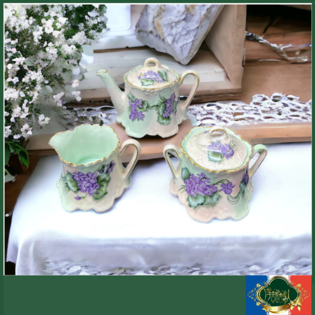 德國巴伐利亞1930年代/稀有少見的全手繪紫花茶壺3件組