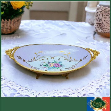 法國Limoges 黃銅立體簍空雕刻華麗高腳雙耳手上金粉色橢圓深盤