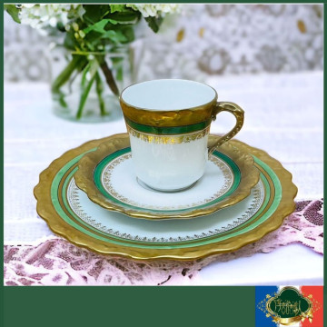 法國Limoges 重金手繪薄荷綠圍邊波浪花邊 濃縮咖啡杯盤點心三件組