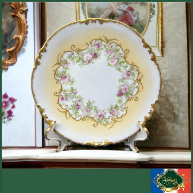 法國Limoges 1900年 宮廷風手繪描金百年古董粉紅玫瑰金色蛋糕盤