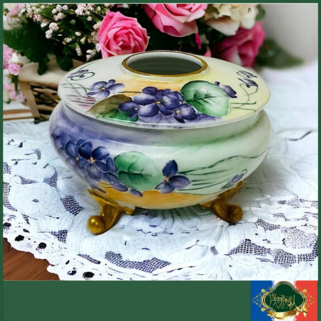 法國Limoges G.D.A 百年老件 全手繪暈染紫花 重金高腳飾品盒