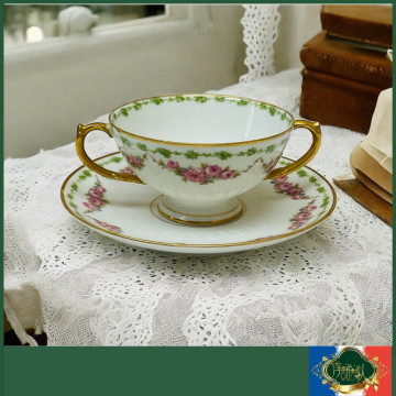 法國 Limoges GDA 1900年 高腳雙耳 玫瑰花環圖騰 重金咖啡杯盤組