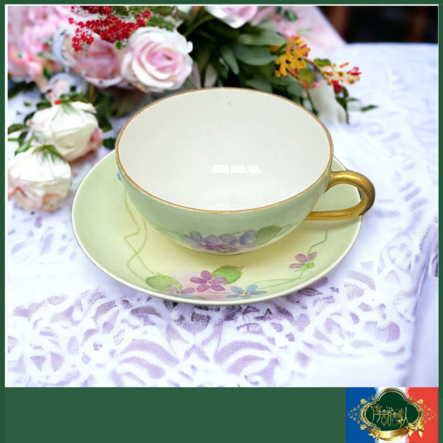 法國Limoges1894年 繽紛可愛的全手繪紫花綠色咖啡杯盤組