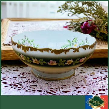 法國Limoges 重金半手繪花圖騰松石綠高腳大型沙拉碗