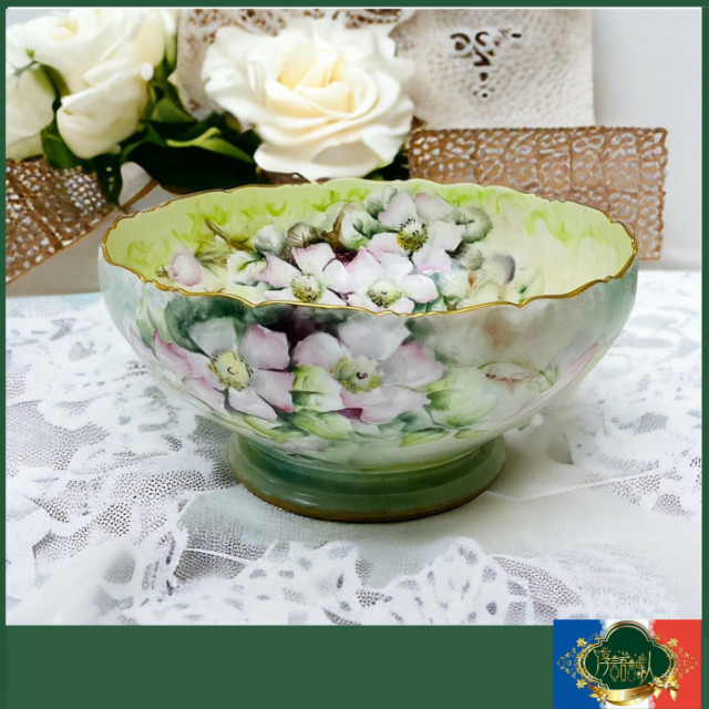 法國Limoges TV  全手繪暈染粉花騰嫩芽綠手描金高腳大型沙拉碗