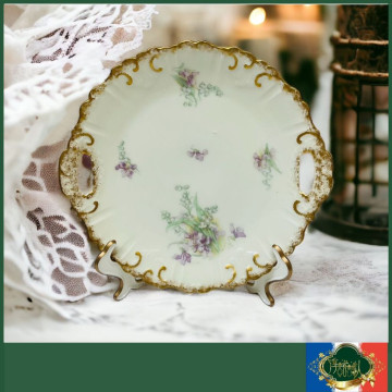 法國Limoges 立體浮雕奶油黃重金雙耳蛋糕盤