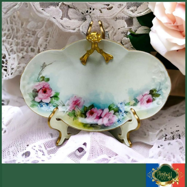 法國 Limoges 全手繪玫瑰花圖騰暈染 重金提籃點心波浪長盤