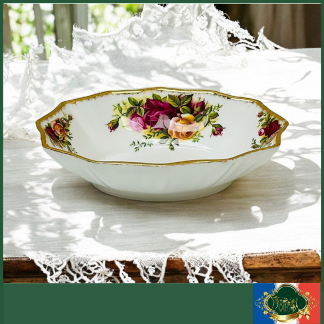 英國 Royal Albert 22k 第一版鄉村玫瑰系列-稀有款多邊形小碟子