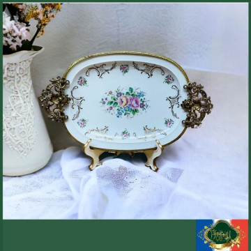 法國 Limoges 百年老件 半手繪上金黃銅立體簍空雕刻華麗高腳雙耳橢圓盤