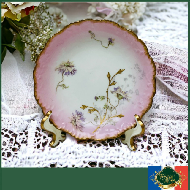 法國LIMOGES AKCD 半手繪粉色花邊手刷金燕麥碗