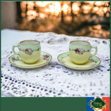 法國 limoges 全手繪玫瑰花環綠黃相間暈染手描金咖啡杯盤（對杯組）